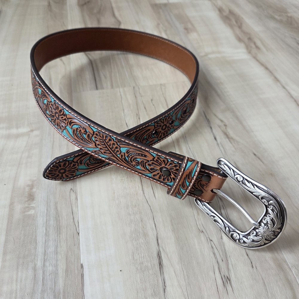 Women's Ariat Brown Turquoise Tooled Leather Floral Belt Small